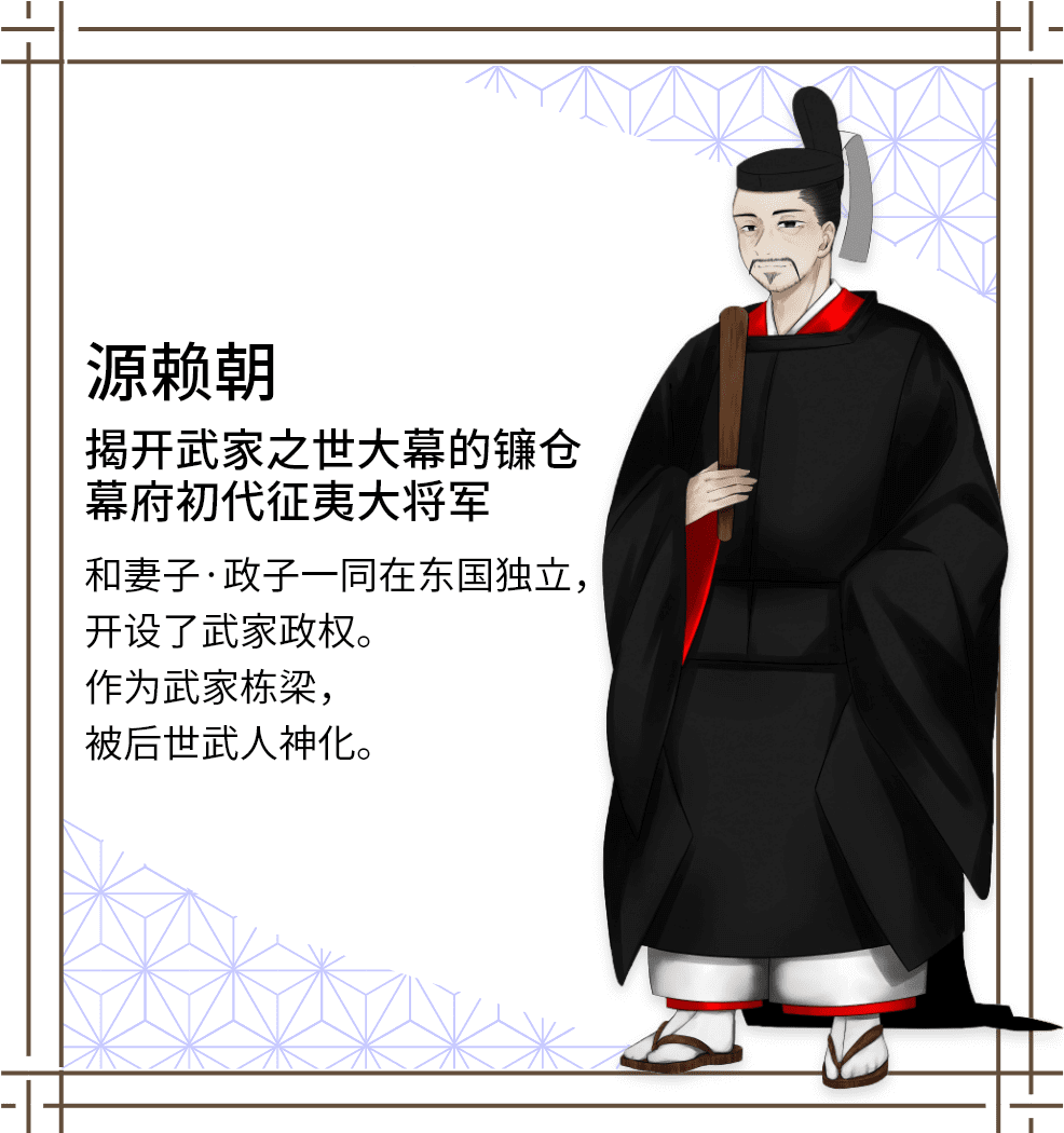 源赖朝　揭开武家之世大幕的镰仓幕府初代征夷大将军　和妻子·政子一同在东国独立，开设了武家政权。作为武家栋梁，被后世武人神化。